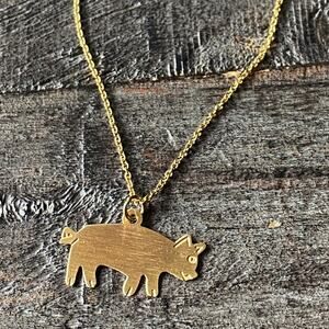 NEW Brushed Brass Pig Pendant Necklace